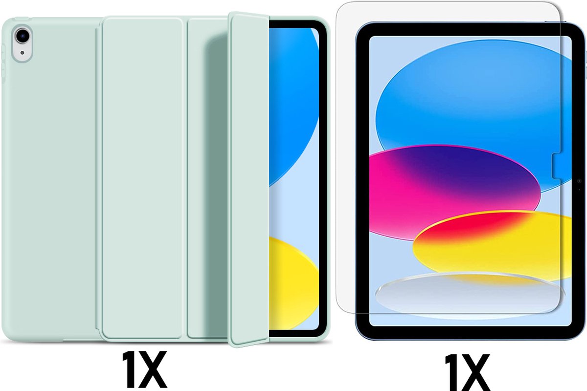 Casemania Hoes Geschikt voor Apple iPad 2022 (10.9 inch 10e Generatie - 10th Gen) Licht Groen & Glazen Screenprotector - Tri Fold Tablet Case - Smart Cover