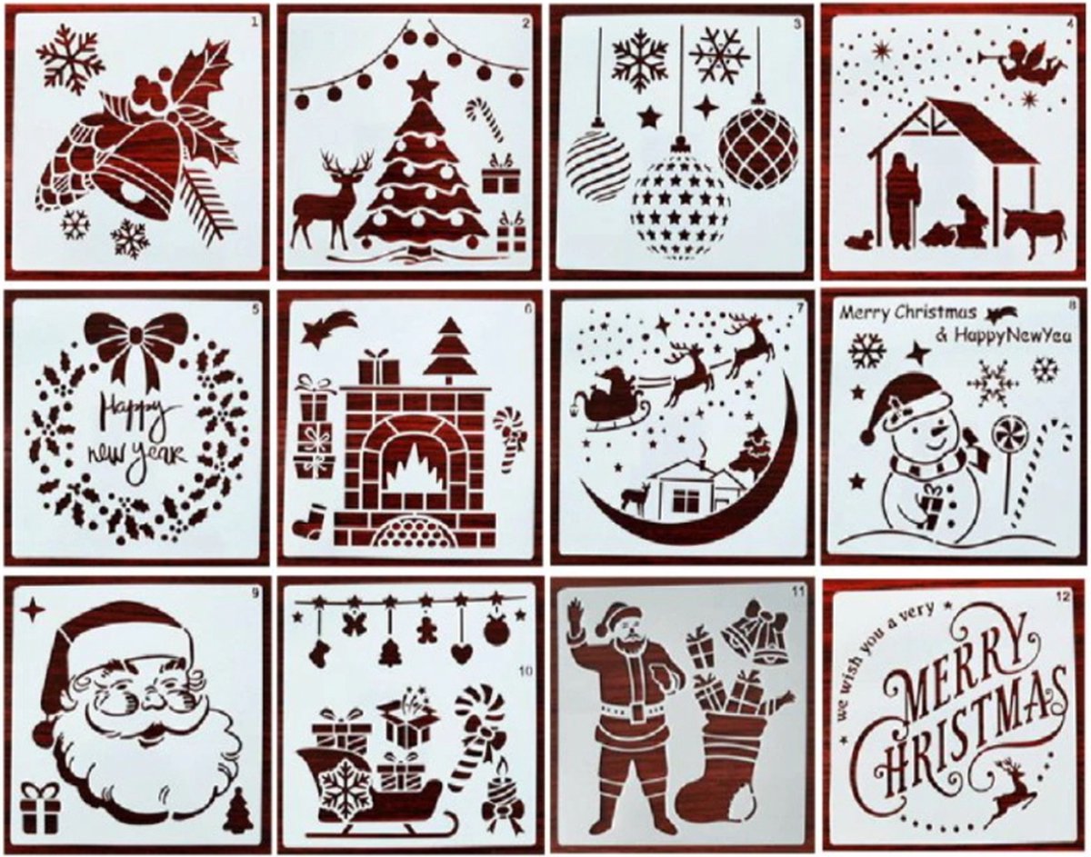 Bullet Journal Plastic Stencils - 12 stuks - Templates - Kerst - Christmas - Jingle Bells - Let it snow - Happy New Year - Santa is coming to town - Haard - Sneeuwpop - Kerstboom - Sneeuw - Mix - Sjablonen - 15 x 15 cm - Handlettering toolkit - Knut