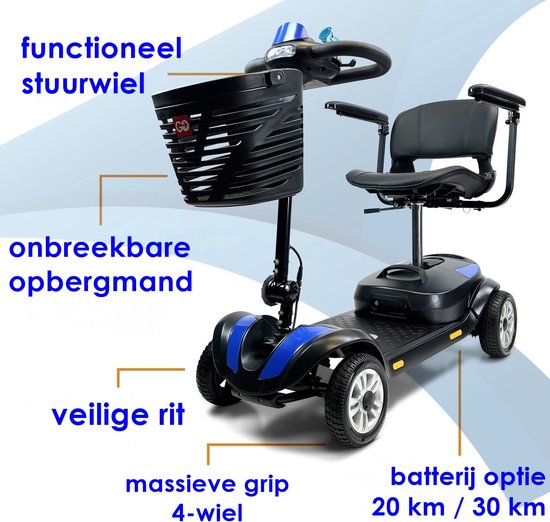 Zwarte scootmobiel met blauwe accenten, 'functioneel stuurwiel', 'onbreekbare opbergmand', 4-wiel met massieve grip.