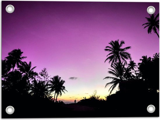 WallClassics - Tuinposter – Paarse Lucht boven Palmbomen - 40x30 cm Foto op Tuinposter  (wanddecoratie voor buiten en binnen)