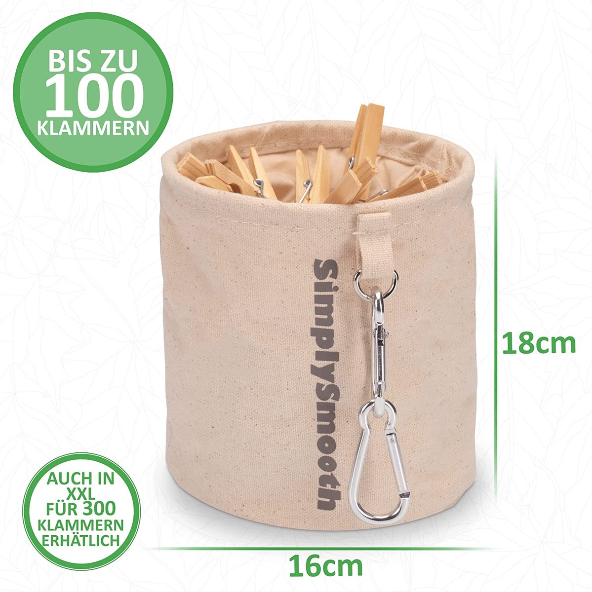 Sac à Pinces à Linge En Coton - Jusqu'à 100 Pinces - Avec Mousquetons Extra Larges - Lavable - 16x16x18 Cm - SimplySmooth