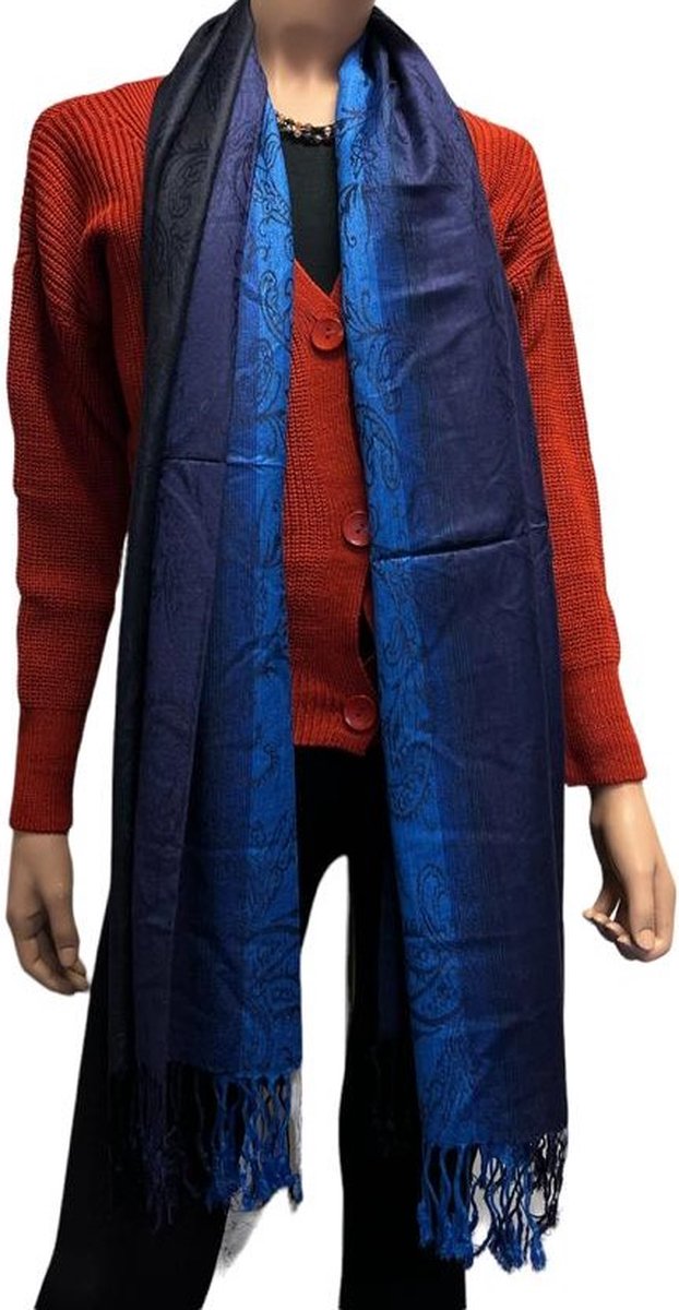 Sjaal- Pashmina Sjaal- Fijn geweven trendy Sjaal- Tweezijdige omslagdoek 212/9- Donkerblauw met blauw details