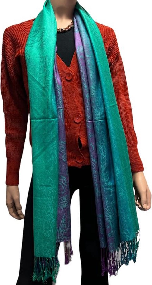 Sjaal- Pashmina Sjaal- Fijn geweven trendy Sjaal- Tweezijdige omslagdoek 212/10- Groen met paars details