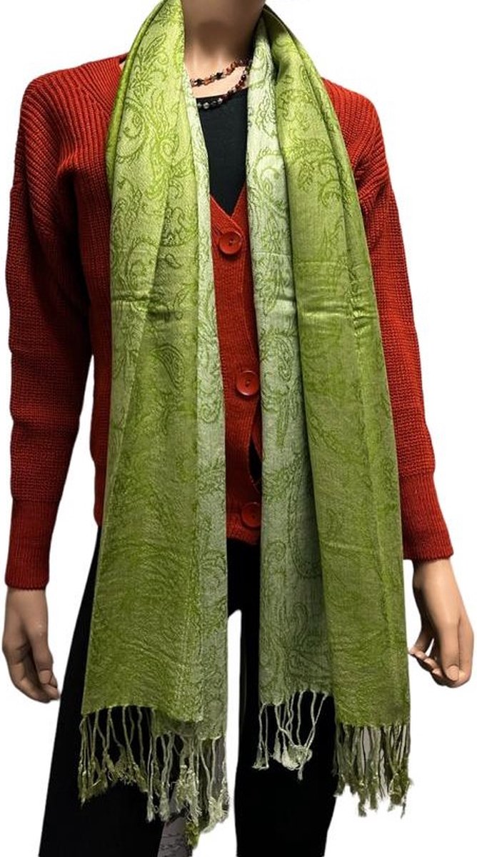 Sjaal- Pashmina Sjaal- Fijn geweven trendy Sjaal- Tweezijdige omslagdoek 212/15- Groen met beige details