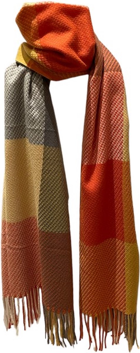 ASTRADAVI Winter Sjaals - Sjaal - Warme en Zachte Unisex Omslagdoek - Lange Tassel Sjaal 190x70 cm - Geruit - Oranje, Bruin, Geel