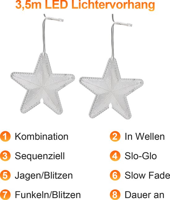 LED Sterren Lichtsnoer - Sterren Lichtgordijn Ramadan 3m 120 LEDs - Ramadan-verlichting met Timer & Batterij/USB - IP44 Waterdicht Binnen & Buiten voor Balkon, Tuin en Feesten