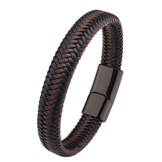 Armband Heren - Bruin / Zwart Leer met Zwarte Sluiting - Leren Armbanden - Cadeau voor Man - Mannen Cadeautjes