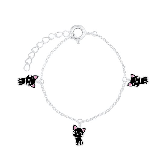 Streven Markeer Jaar Joy|S - Zilveren kat poes bedel armband - 14 cm + 3 cm - 3 bedels - zwart  met roze... | bol.com