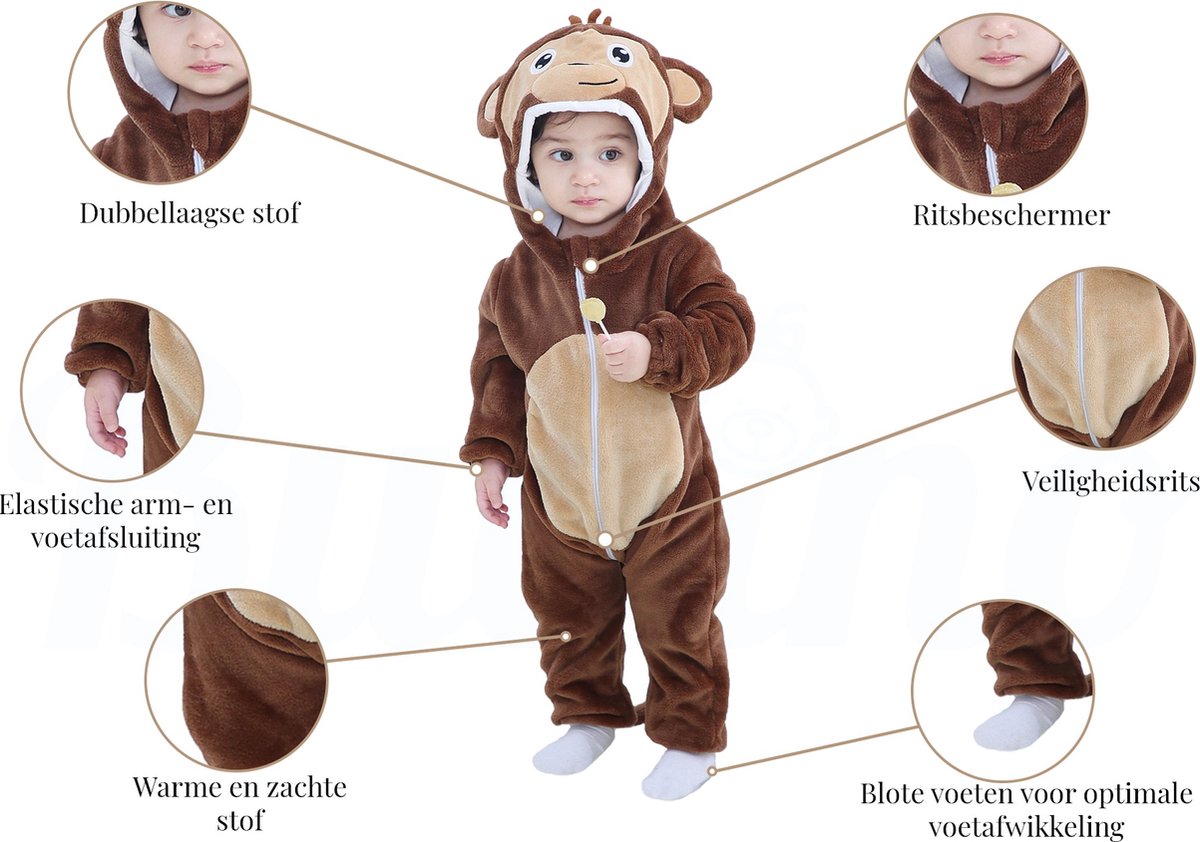 Budino® Baby Onesie - Baby Romper - Baby Pyjama - Baby Pakje - Baby Verkleedkleding - Carnavalskleding - Dier - Aap - Bruin — afbeelding 5