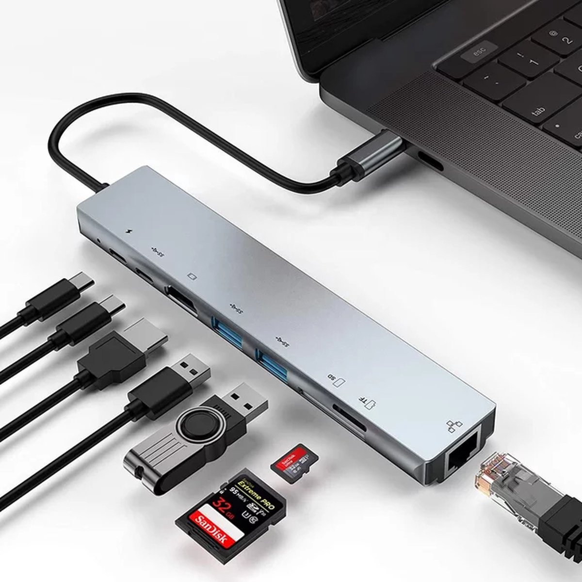 ASA-STAR 8 in 1 USB Type C HUB naar RJ45 Ethernet Adapter Hub met 4K HDMI,TF/ SD Card Rreader, USB-C, PD Charging, 2 USB-A for MacBook and more - Universeel - Grijs - multifunction Adapter - usb c hub - USB splitter
