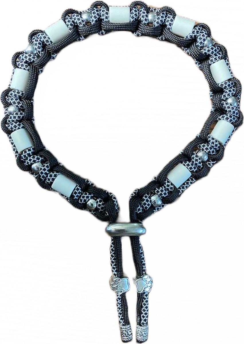 Anti-tekenband hond - Spike 35 - lengte 35 cm - nekomvang vanaf 34 tot en met 39 cm - werkt ook tegen vlooien - originele EM-X kralen lichtgrijs - maat M/L - zwart/zilvergrijs - met zilverkleurige kralen en metalen bedels