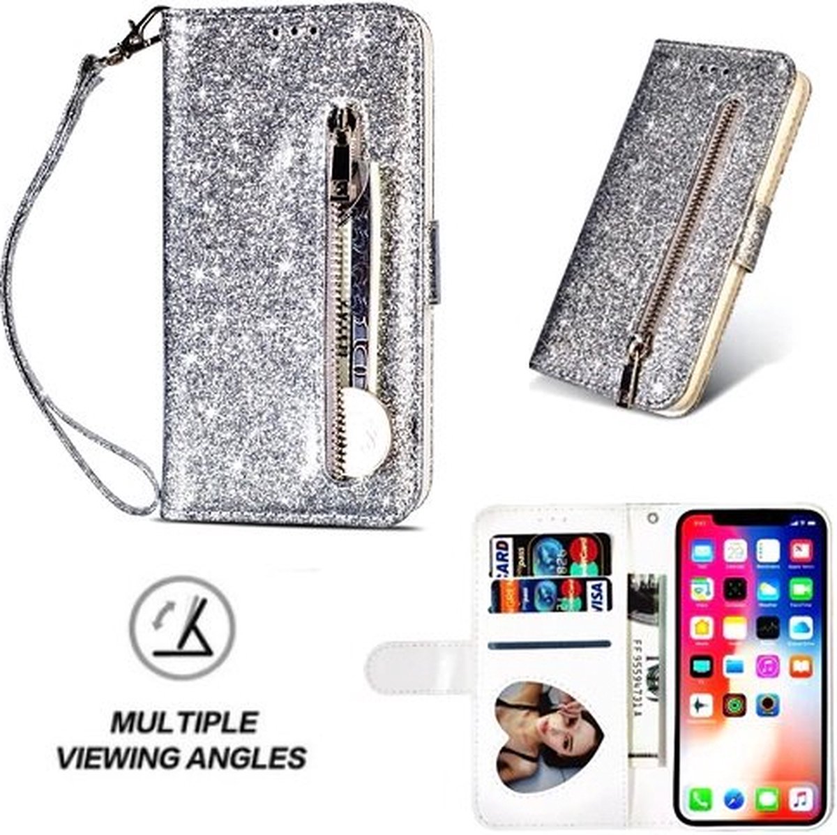 iPhone X Glitter Hoesje Met Pasjeshouder Bookcase Zilver