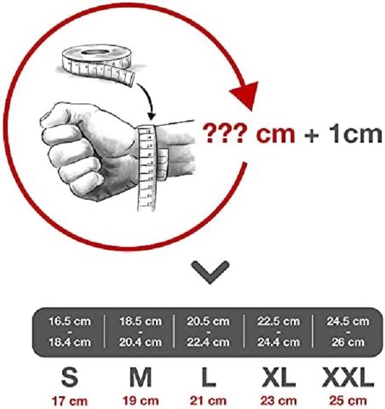 Illustratie van het opmeten van de pols met een meetlint en een tabel met armbandmaten van S tot XXL.