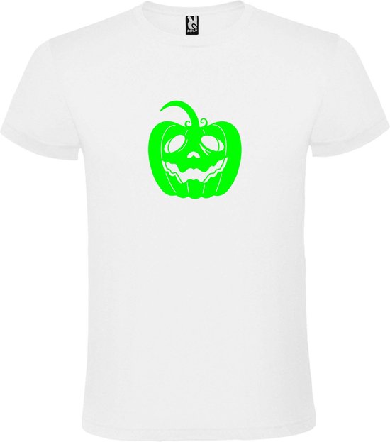 Wit T-Shirt met “ Halloween Pompoen “ afbeelding Neon Groen Size M