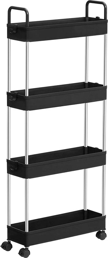SONGMICS rolwagen, keukenwagen, 3 metalen gaasplanken, serveerwagen, 2 verwijderbare geperforeerde platen, 2 hangende manden, 4 haken, voor kantoor, keuken, woonkamer, badkamer, inktzwart LRC037B01