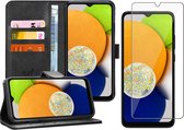 Hoesje geschikt voor Samsung A03 - Book Case Leer Wallet Cover Portemonnee Pasjeshouder Hoes Zwart - Tempered Glass Screenprotector