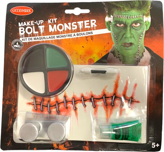 Goodmark Bolt Monster make-up kit met groen, rood, zwart en wit gezichtsverf, bloed, littekens en applicators.