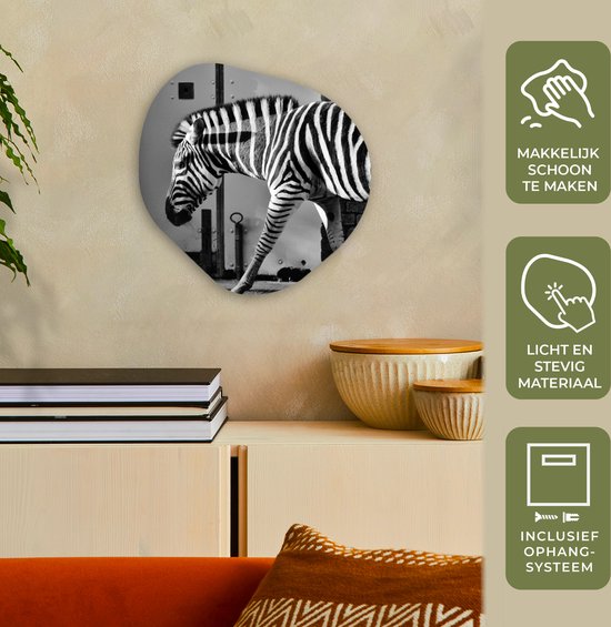 Décoration murale Organique - Décoration Décoration murale Plastique - Peinture Organique - Zebra - Mur - Porte - Animaux - Zwart et blanc - 40x40 cm - Forme miroir asymétrique sur plastique