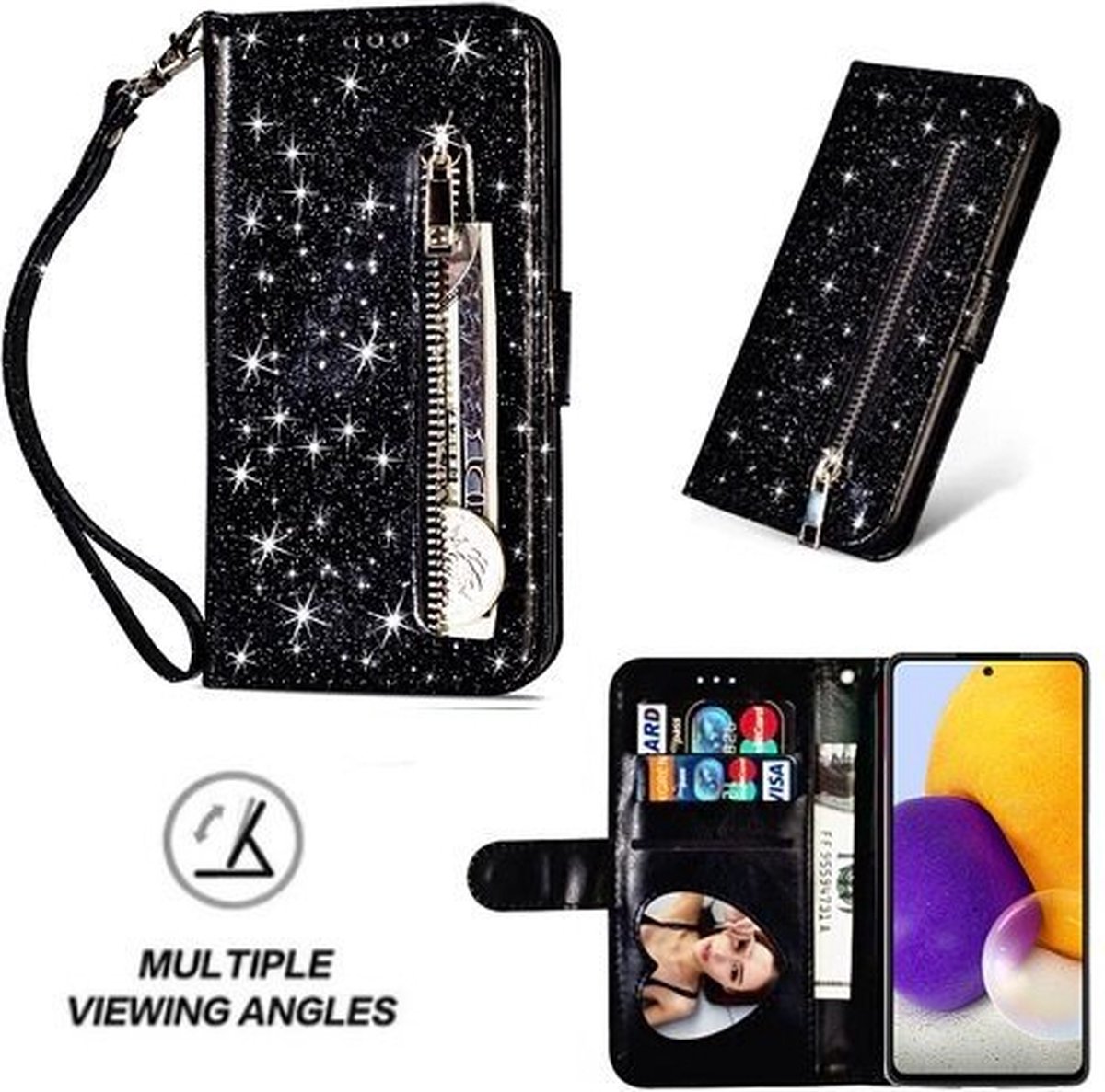 Samsung A72 Glitter Hoesje Met Pasjeshouder Bookcase Zwart