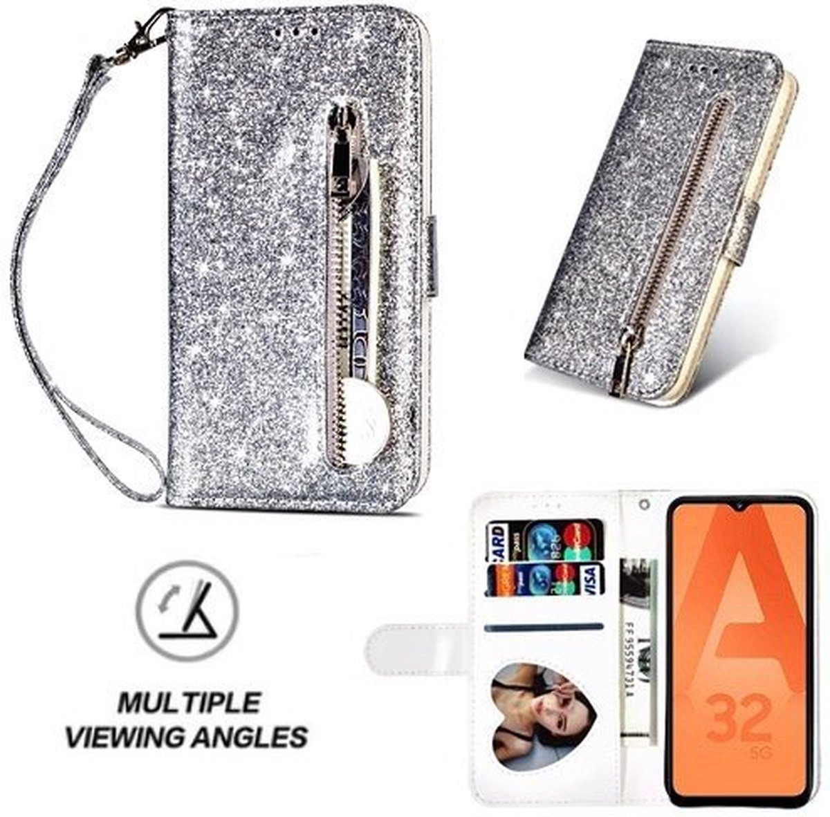 Samsung A32 5G Glitter Hoesje Met Pasjeshouder Bookcase Zilver