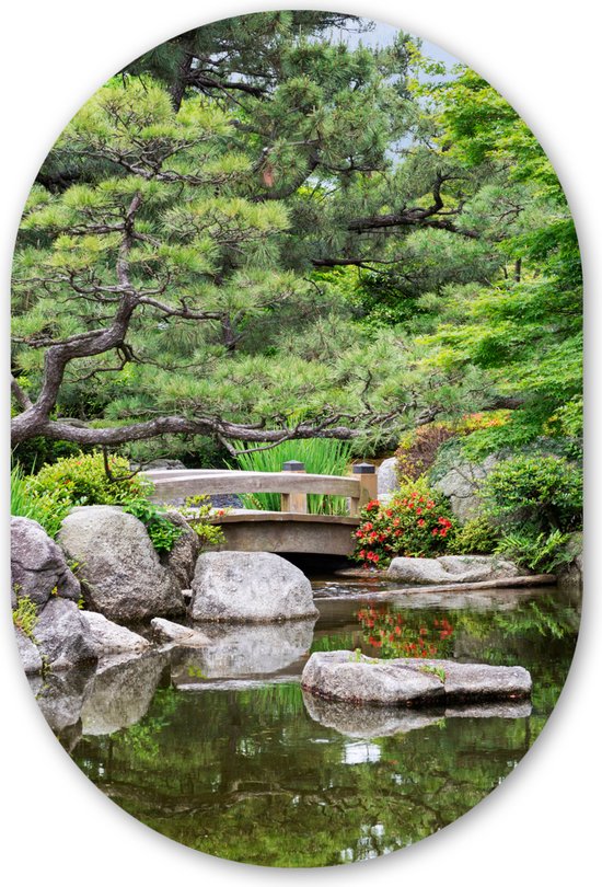 Muurovaal - Kunststof Wanddecoratie - Ovalen Schilderij - Japans - Natuur - Water - Stenen - Bomen - 80x120 cm - Ovale spiegel vorm op kunststof