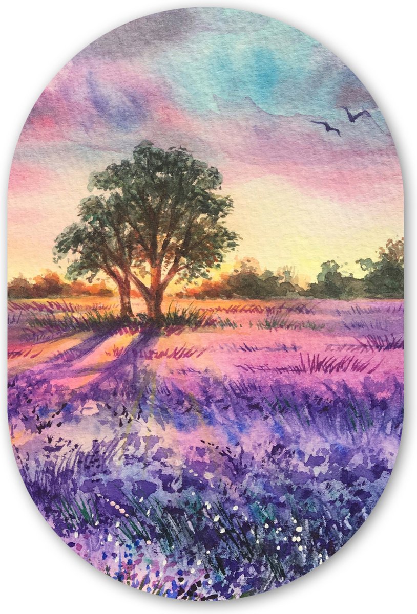 Muurovaal 40x60 cm - Ovale wanddecoratie Lavendel - Verf - Vogels - Bomen - Paars - Ovalen