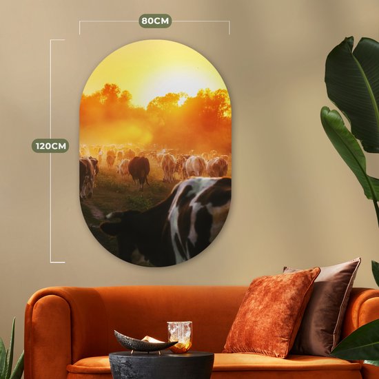 Ovale Mural - Ovale Mural - Décoration murale Plastique - Peinture Ovale - Vaches - Coucher de Soleil - Pâturage - Animaux - 80x120 cm - Forme Miroir Ovale sur Plastique