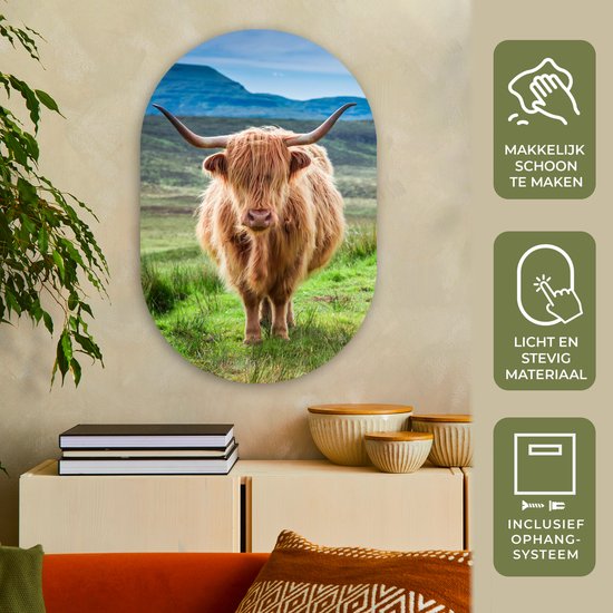 Ovale Mural - Décoration murale Plastique - Peinture Ovale - Highlander écossais - Vache - Nature - Berg - Herbe - 60x90 cm - Forme miroir ovale sur plastique