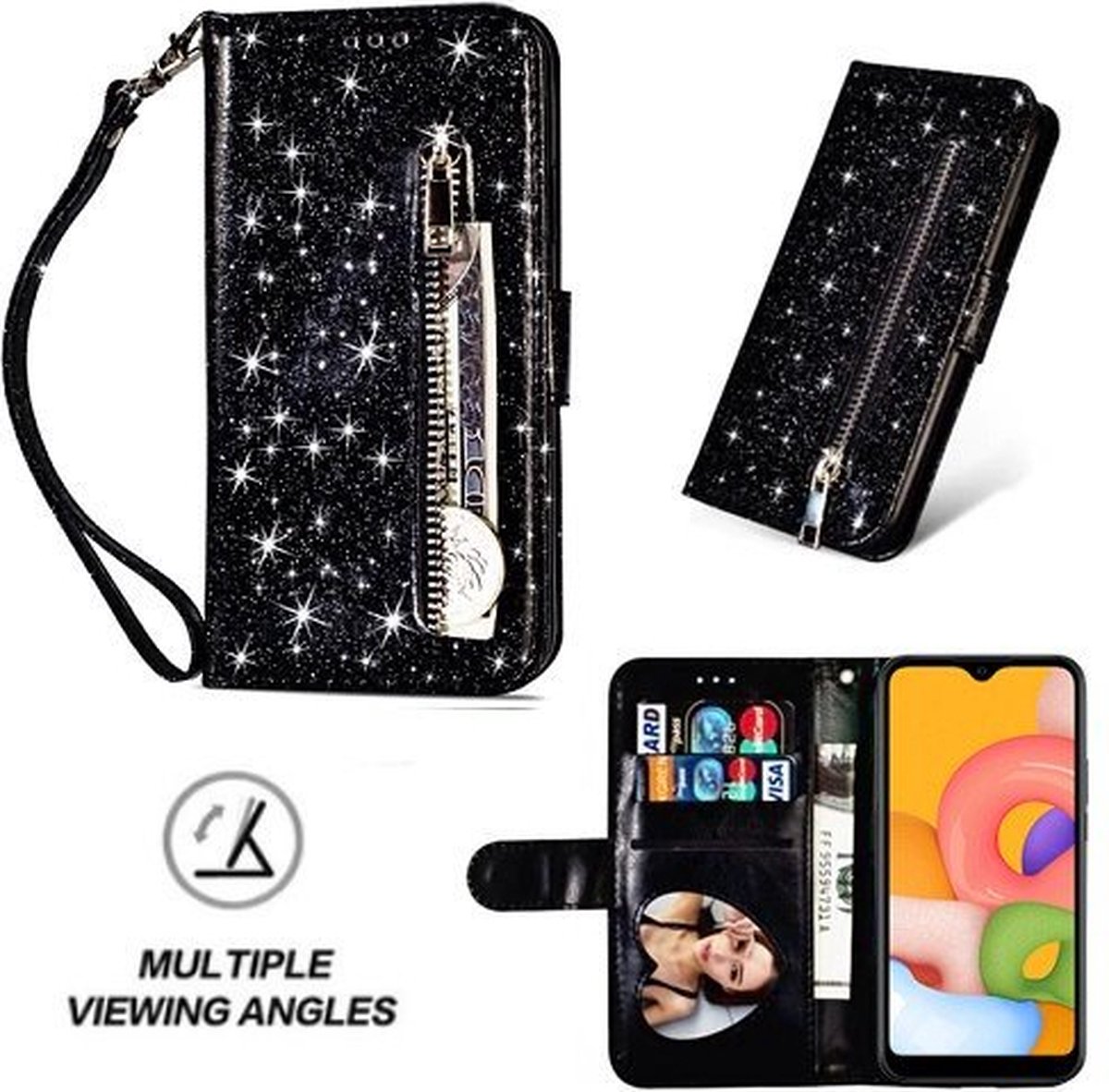 Samsung A01 Glitter Hoesje Met Pasjeshouder Bookcase Zwart