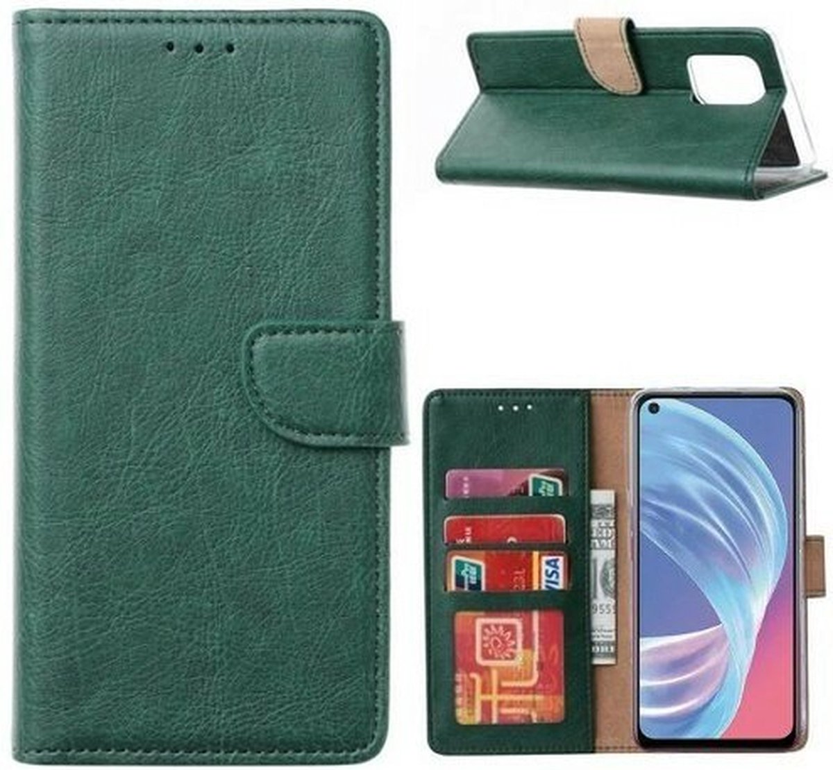 Oppo A73 5G Hoesje Met Pasjeshouder Bookcase Donkergroen