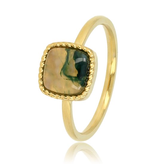 Chevalière en or avec pierre précieuse d'agate mousse - Bague chevalière frappante avec pierre précieuse d'agate mousse vert foncé - Avec coffret cadeau de luxe