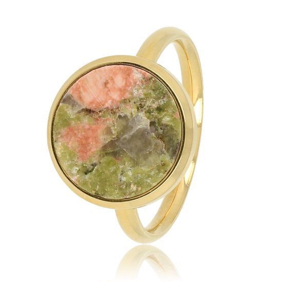 *My Bendel - Ring goudkleurig met ronde grote Unakite - Prachtige goudkleurige ring met kleurrijke Unakite edelsteen - Met luxe cadeauverpakking