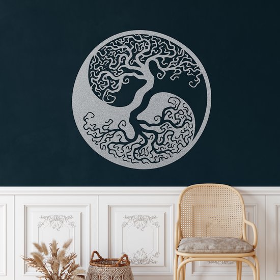 Wanddecoratie | Levensboom Yin Yang / Tree of Life Yin Yang | Metal - Wall Art | Muurdecoratie | Woonkamer | Buiten Decor |Zilver| 71x71cm