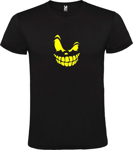 Zwart T-Shirt met “ Halloween Spooky Face “ afbeelding Neon Geel Size XS