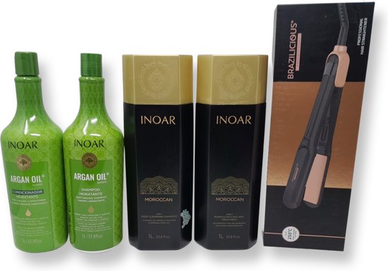 Inoar Moroccan 2x1000ml ORIGINAL keratine & Inoar Argan Shampoo & Conditioner & Brazilicious Titanium & Gold 48K Therapy 250 º