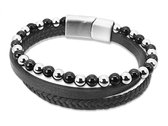 Bracelet Amanto Fergus - Unisexe - Cuir - Perle d'agate noire - Magnétique - 6 mm - 18 cm
