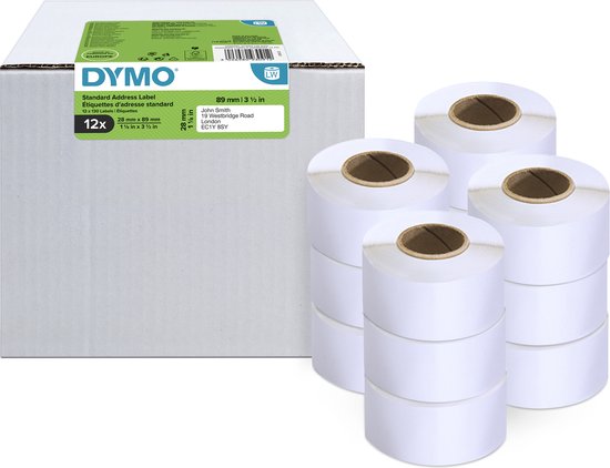 DYMO adreslabels, 12 rollen, 28 x 89 mm, witte labels