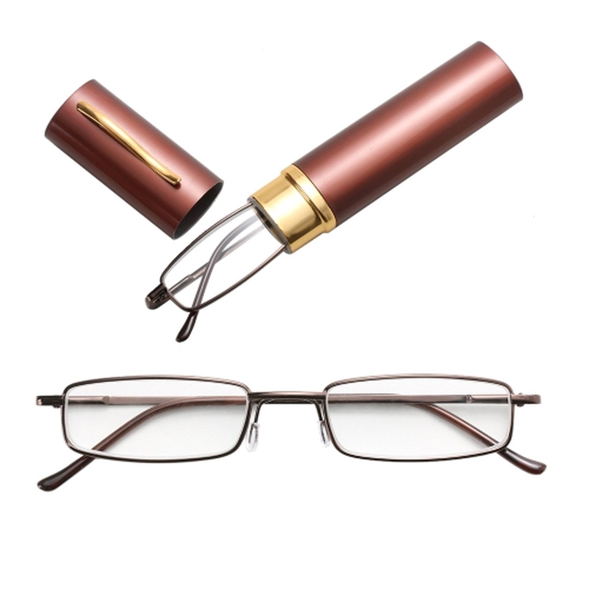 Leesbril Metalen veervoet Draagbare verziend bril met buiskoker + 1.00D (bruin)