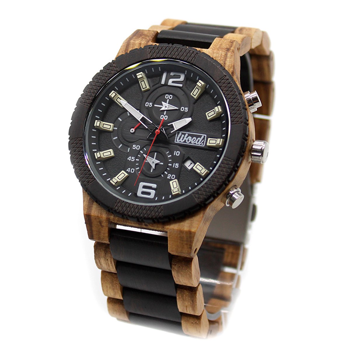 Woed Zebrano - Houten horloge heren - 48 mm - Quertz - Premium - Zebra hout - Bruin - Zwart