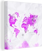 Canvas Wereldkaart - 50x50 - Wanddecoratie Wereldkaart - Roze - Abstract