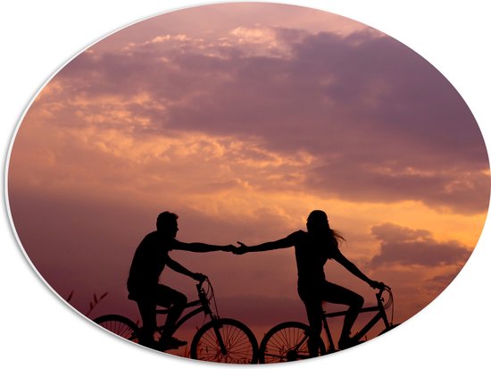 WallClassics - Plaque Ovale en Mousse PVC - Silhouette de Couple Cycliste Main dans la Main - 56x42 cm Photo sur Ovale (Avec Système d'accrochage)