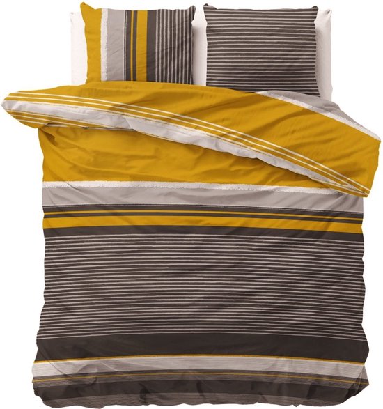 Housse de couette Lits-jumeaux ( dekbedovertrek de couette) jaune or (jaune ocre) rayée de fines rayures en noir, blanc et gris (anthracite) COTON MIXTE 240 x 220 cm