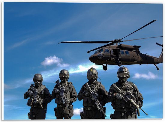 WallClassics - PVC Schuimplaat- Rij Soldaten bij Legerhelikopter - 40x30 cm Foto op PVC Schuimplaat