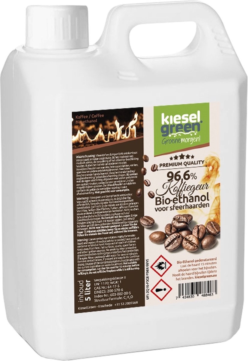 KieselGreen 5 Liter Bio-Ethanol met Koffie Aroma - Bioethanol 96.6%, Veilig voor Sfeerhaarden en Tafelhaarden, Milieuvriendelijk - Premium Kwaliteit Ethanol voor Binnen en Buiten