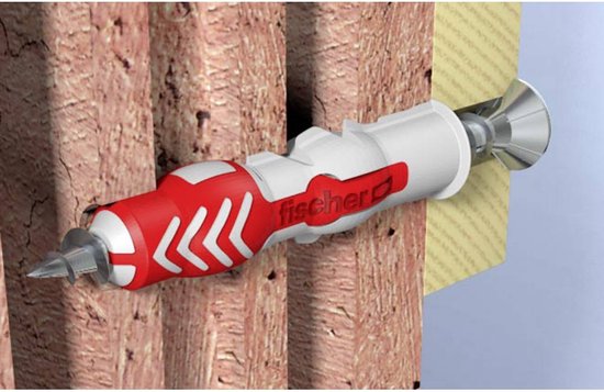Rode en witte Fischer Duopower plug in een bakstenen muur met schroef.
