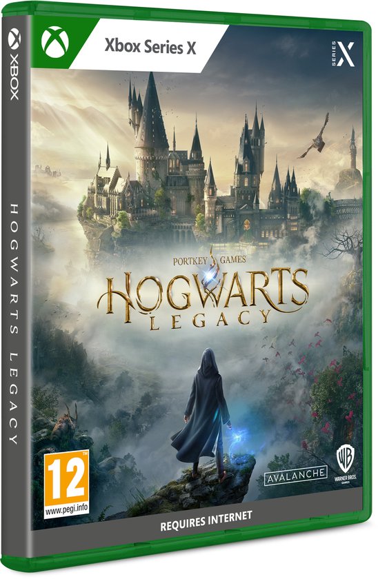 Couverture du jeu Hogwarts Legacy Xbox Series X avec château, silhouette en cape et oiseaux, PEGI 12.