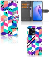 Wallet Book Case OPPO Reno8 Pro GSM Hoesje Gepersonaliseerd Cadeau Blocks Colorful