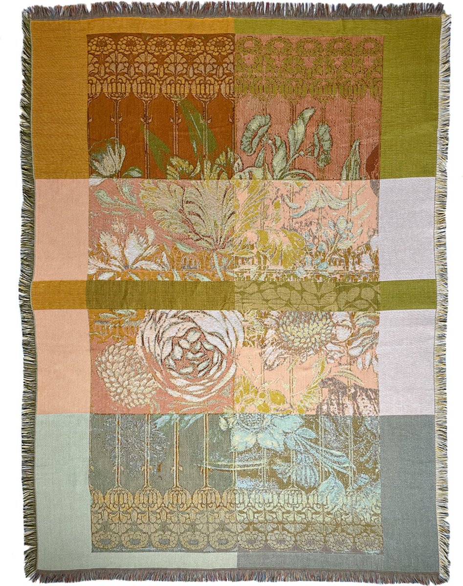 NIN-NIT - Floral Blanket - Plaid - Geweven Deken - Sprei - Bloemen Print - bladeren - natuurprint - oranje - blauw - roze - groen - wit - beige - grijs - bruin - oker - geel - multicolor - 100% geweven katoen - 220x160 cm