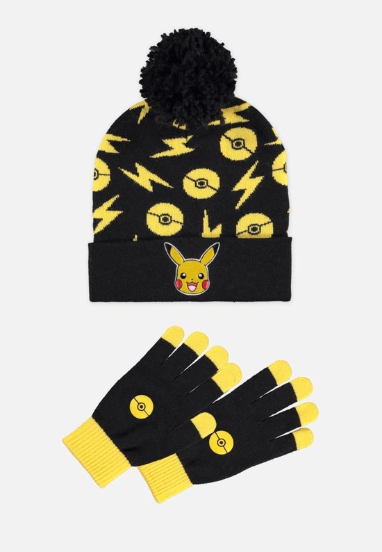 Pokémon - Pikachu Poké Ball Muts & Handschoenen Set - Zwart/Geel