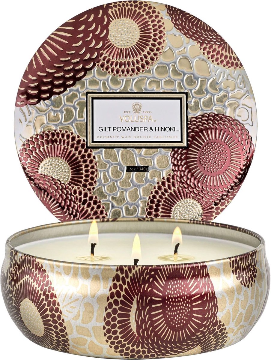Voluspa Gilt pomander & Hinoki 3-Wick Tin Candle